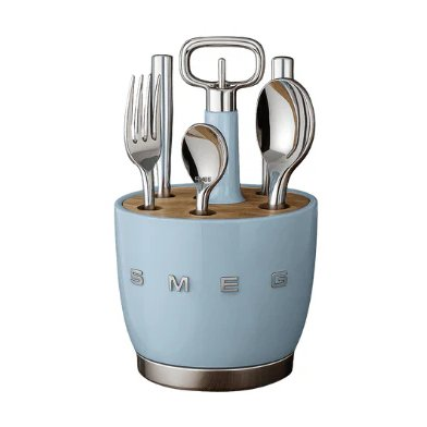 SMEG cutlery holder in retro design with acacia wood and steel base - Blue color
