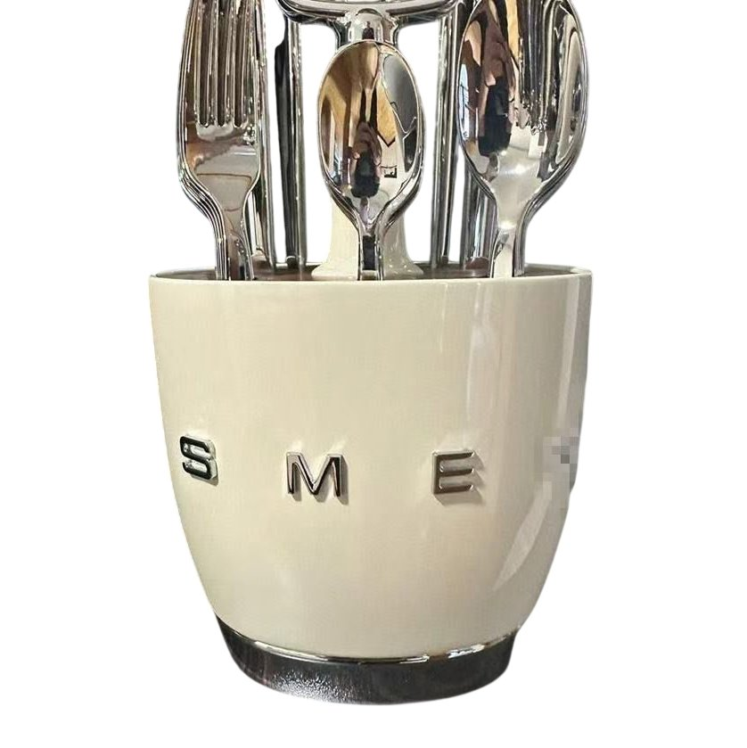 SMEG cutlery holder in retro design made of acacia wood and steel - Cream color
