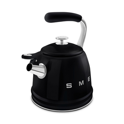 SMEG WKF01BL electric kettle in retro 50's style with built-in whistle - black color, 2.3 liter capacity