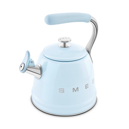 SMEG WKF01PB stovetop kettle in retro 50's style with whistle - pastel blue color, 2.3 liter capacity, suitable for induction