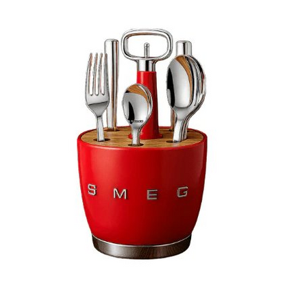SMEG Cutlery Holder Made of Acacia Wood and Steel in a Retro Design – Red Color