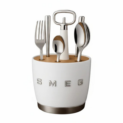SMEG cutlery holder in retro design with acacia wood base and white coated steel - white color, portable for storage and serving