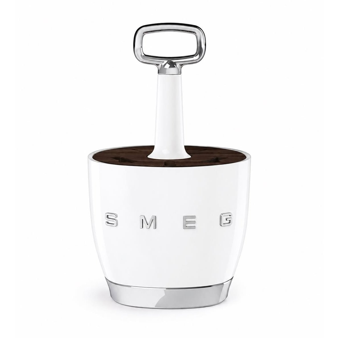 SMEG cutlery holder in retro design with acacia wood base and white coated steel - white color, portable for storage and serving