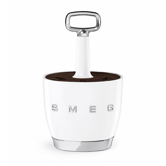 SMEG cutlery holder in retro design with acacia wood base and white coated steel - white color, portable for storage and serving