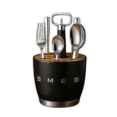 SMEG cutlery holder in retro design made of acacia wood and steel - Black color