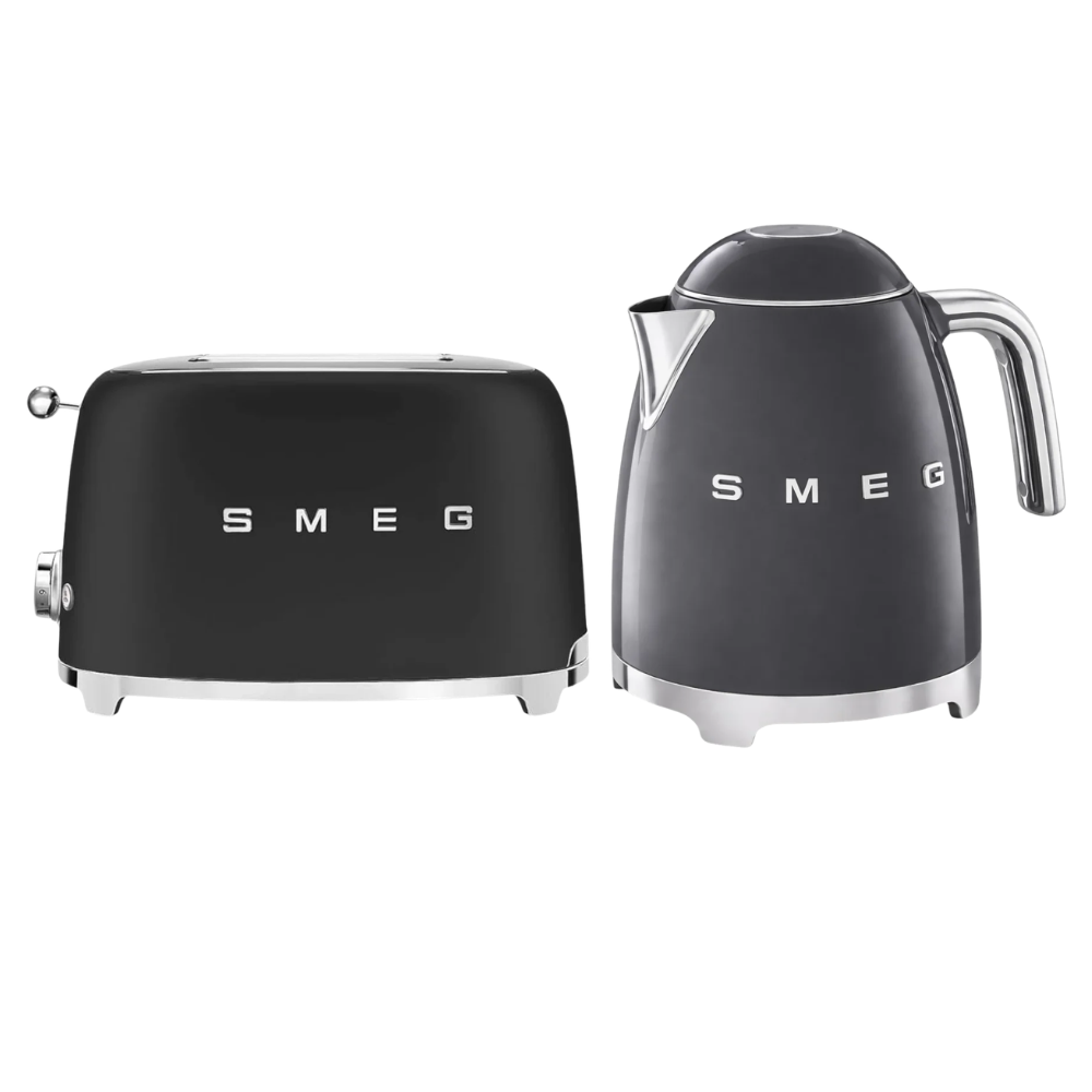 SMEG TSF01 KLF03 Toaster and Kettle Set in Glossy Black – Luxurious Retro Design
