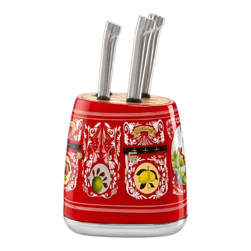 SMEG Knife Set, 6 Pieces, Retro Style Red Floral Patterns