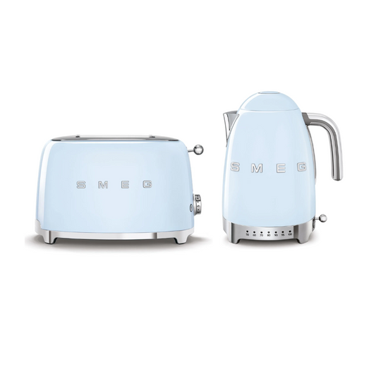 SMEG TSF01PBUS & KLF04PBEU Pastel Blue Electric Toaster and Kettle – Retro Set